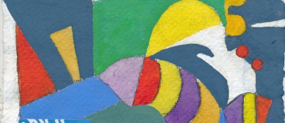 "Bird in a Box" Acrylic gouache and collage, 6” × 6", by Vermont Artist Simi Berman