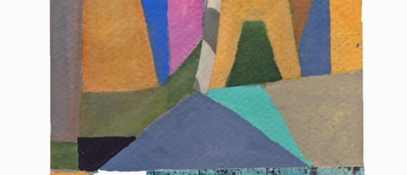 "Old Town" acrylic gouache and collage, 6” × 6", by Vermont Artist Simi Berman