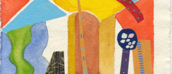 "Under the Bridge" acrylic gouache with collage by artist Simi Berman